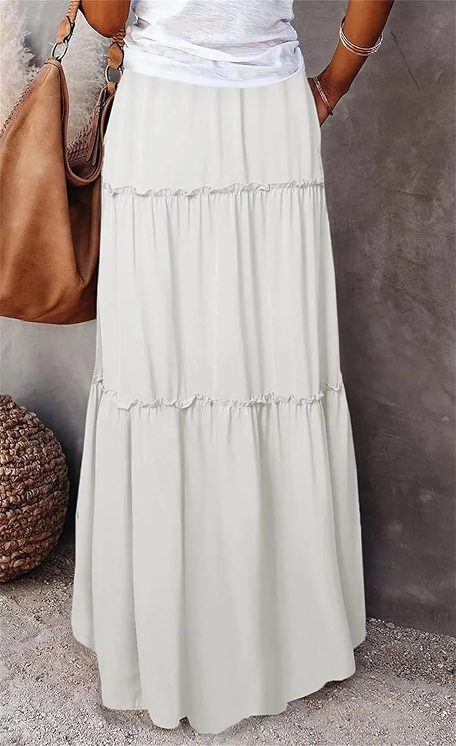 Womens Bohemian Long Maxi Skirt Elastic High Waist Flowy Swing A Line Ruffle Tiered Maxi Skirt Long Beach Skirts
