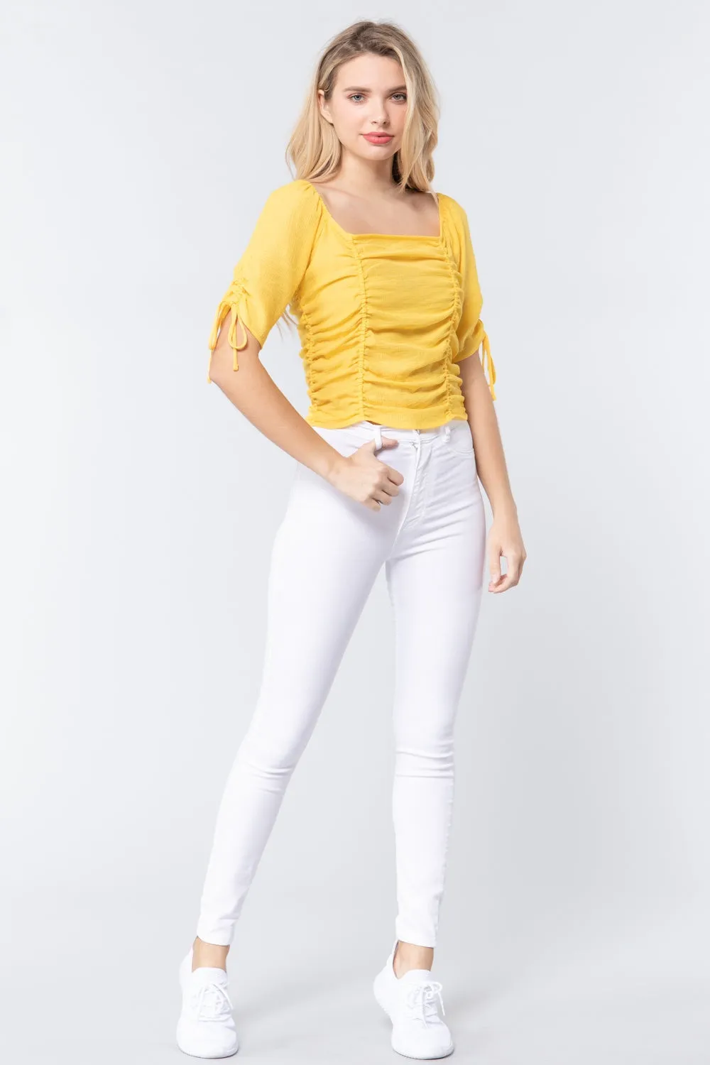 Women's Elbow Slv Smocked Ruched Woven Top