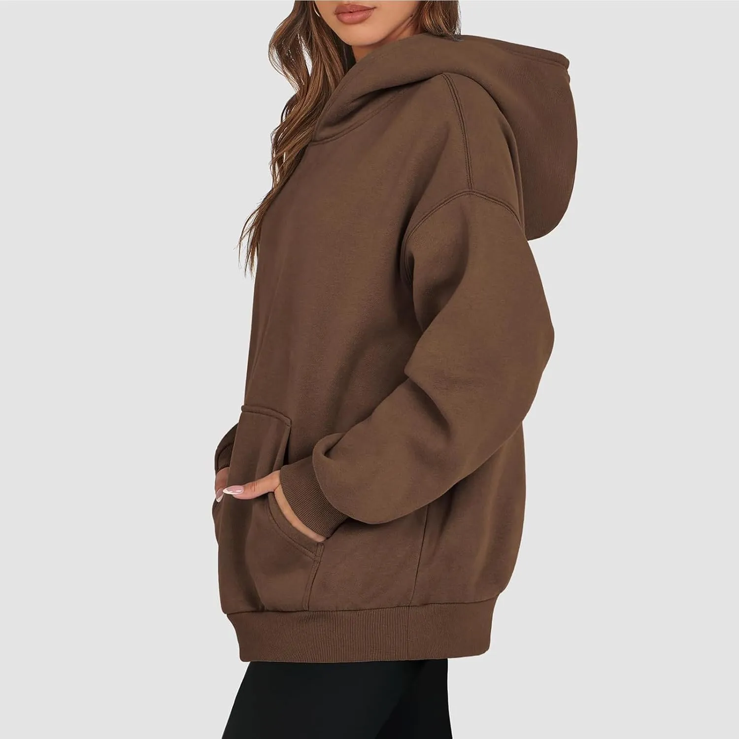 Women's Fall Casual Big Size Solid Color Classic Long Sleeve Hooded Sweatshirt Fashion Loose with Pockets