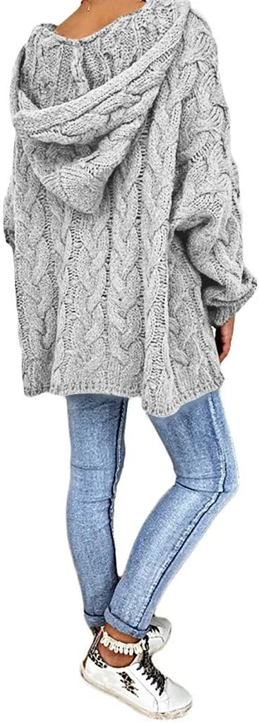 Womens Oversized Hooded Sweater Chunky Cable Knit Pullover Tops Long Sleeve Loose Fit Simple Solid Fall Hoodies