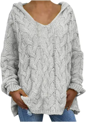 Womens Oversized Hooded Sweater Chunky Cable Knit Pullover Tops Long Sleeve Loose Fit Simple Solid Fall Hoodies