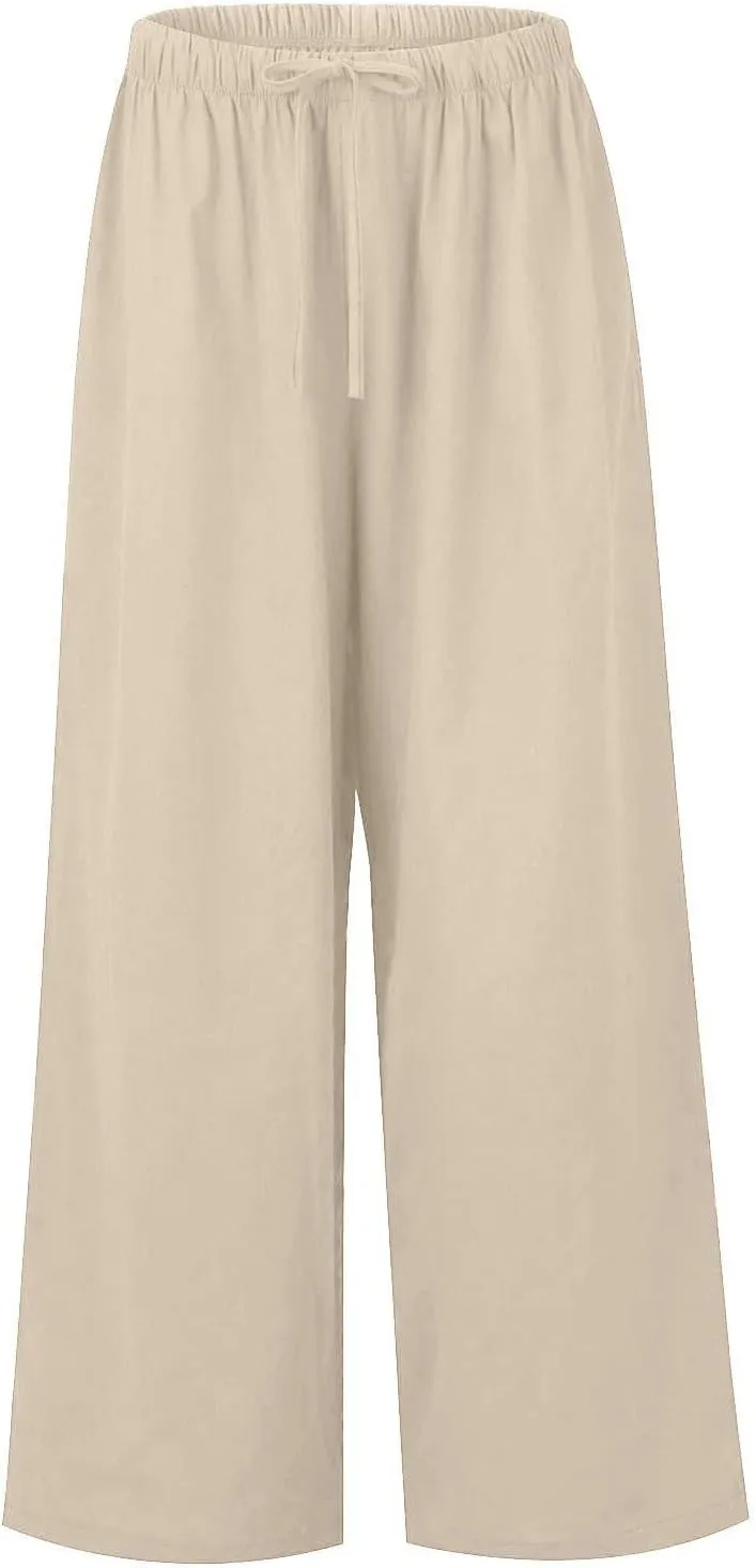 Women's Pants Trendy Linen Summer Wide Leg Pants Flowy Solid Color Beach Pants with Pockets Dress Pants, S-3XL
