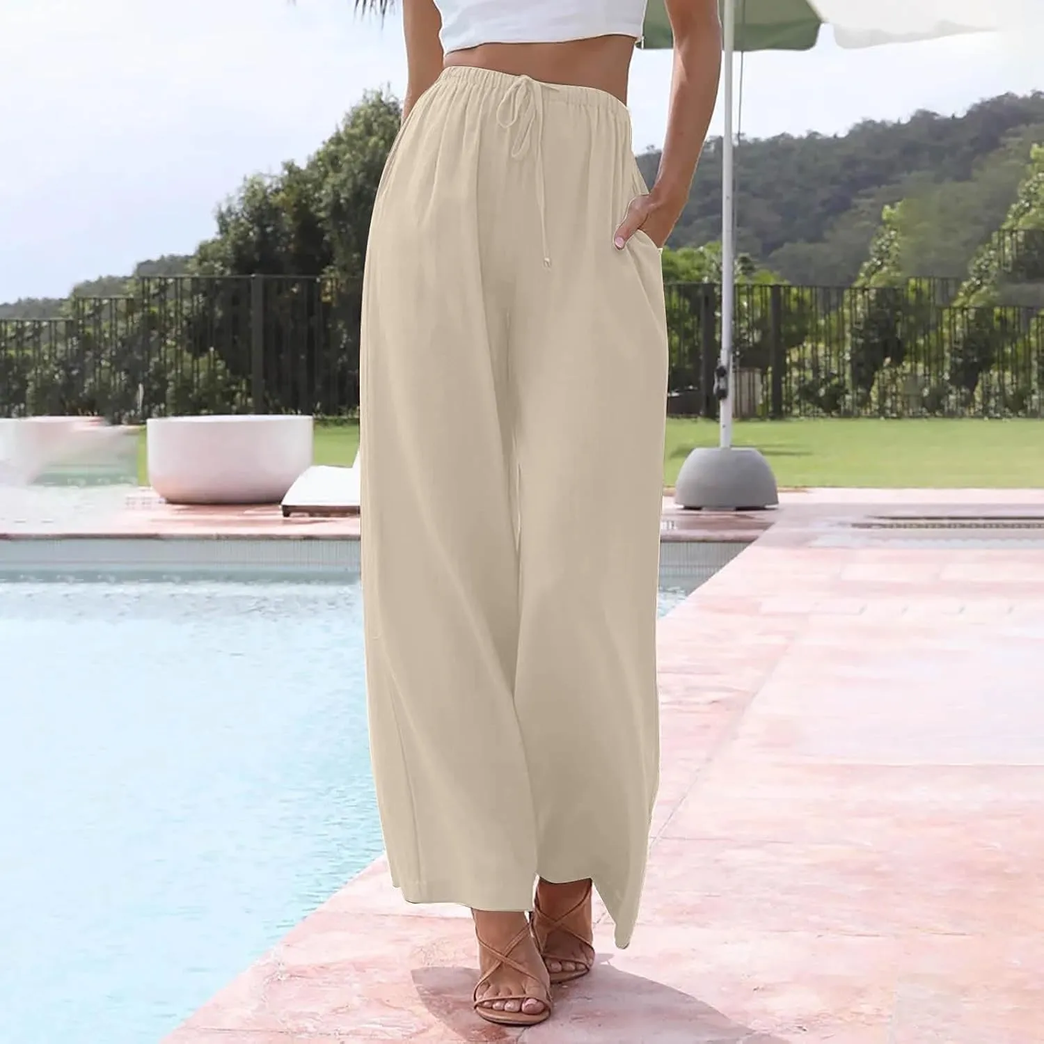 Women's Pants Trendy Linen Summer Wide Leg Pants Flowy Solid Color Beach Pants with Pockets Dress Pants, S-3XL