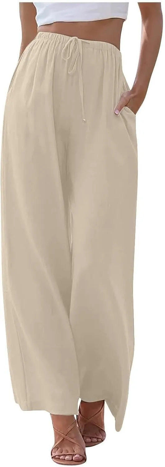 Women's Pants Trendy Linen Summer Wide Leg Pants Flowy Solid Color Beach Pants with Pockets Dress Pants, S-3XL