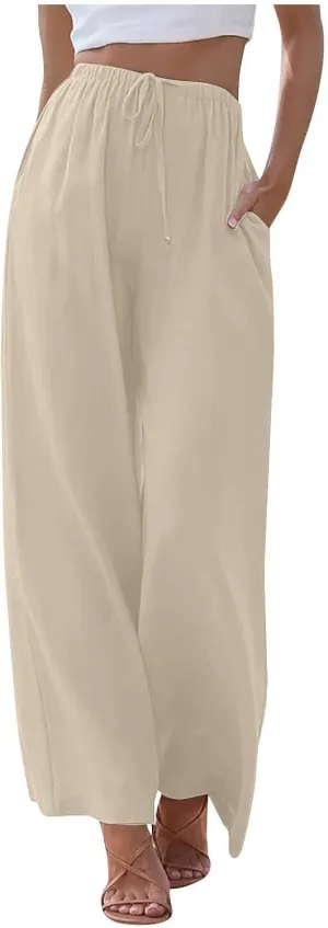 Women's Pants Trendy Linen Summer Wide Leg Pants Flowy Solid Color Beach Pants with Pockets Dress Pants, S-3XL