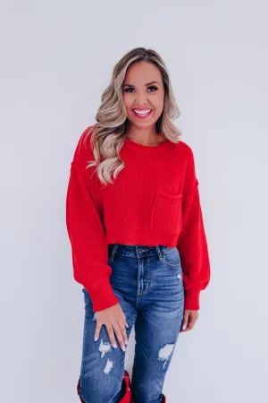 Zuri Puff Sleeve Cropped Sweater - Red